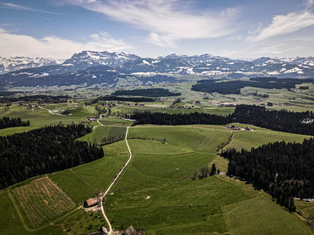 Hügelige Luzerner Landschaft mit einem einzelnen Bauernhaus zwischen Wiesen.